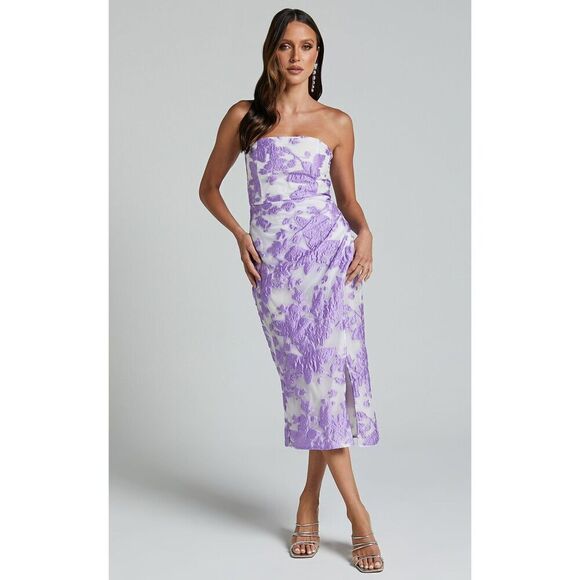 Showpo Brailey Midi Dress Strapless Dress Purple Jacquard Floral Size 2 - Picture 2 of 7